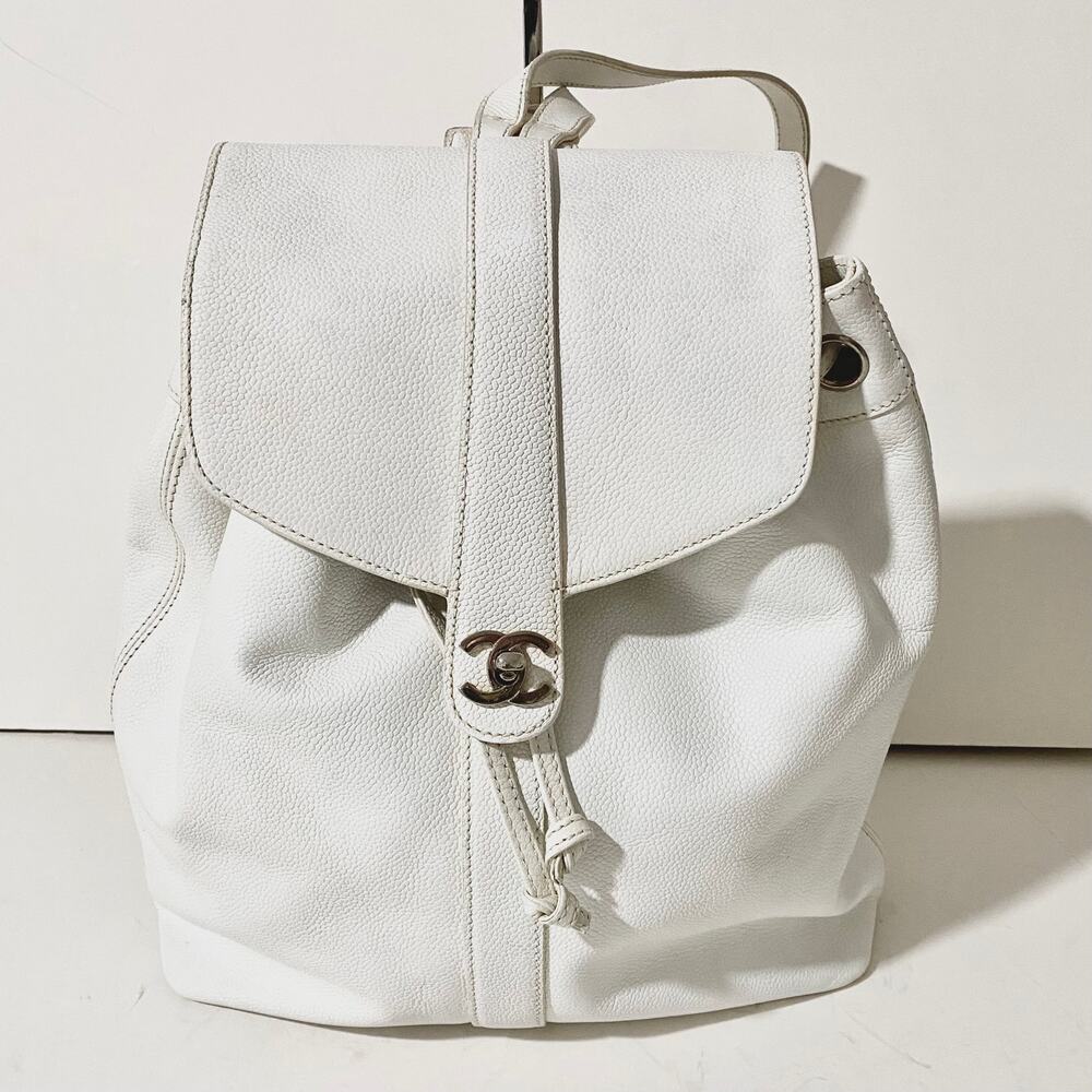Chanel CC Caviar Leather Vintage Large White Backpack Travel Bag Carryall 90's